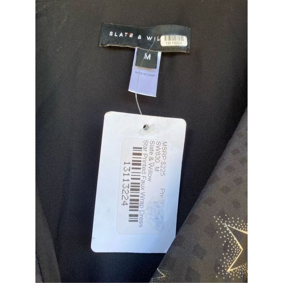 Slate & Willow NWT Star Printed Faux Wrap Black Dress, Size Medium, MSRP $250 - Picture 7 of 13